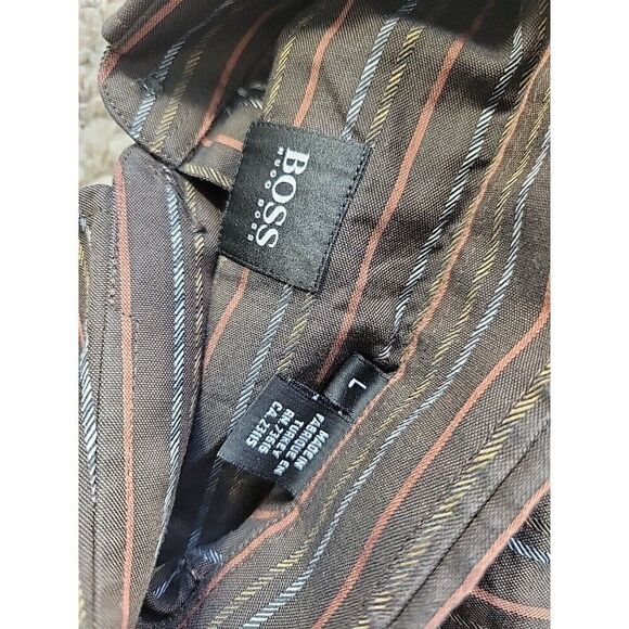 Hugo Boss Shirt Mens Large Brown Striped Button Up Preppy Long Sleeve - Picture 6 of 7